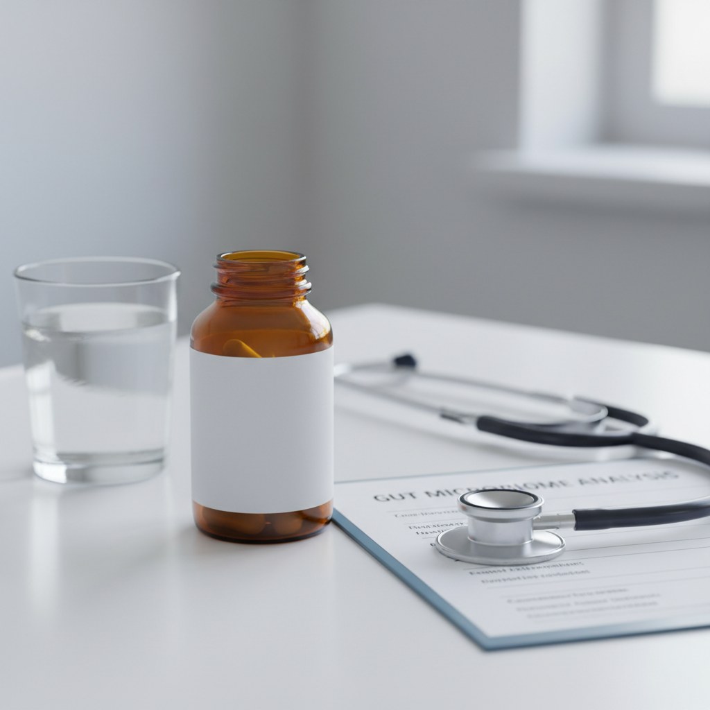 Practitioner's desk with capsule bottle, stethoscope, water glass, and lab report